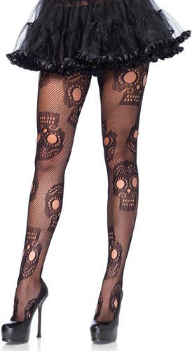 Sugar Skull Netpanty (Zwart Plus Size)