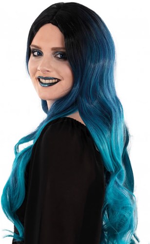 Selena Pruik Lang Krullen Zwart-Petrol-Blauw
