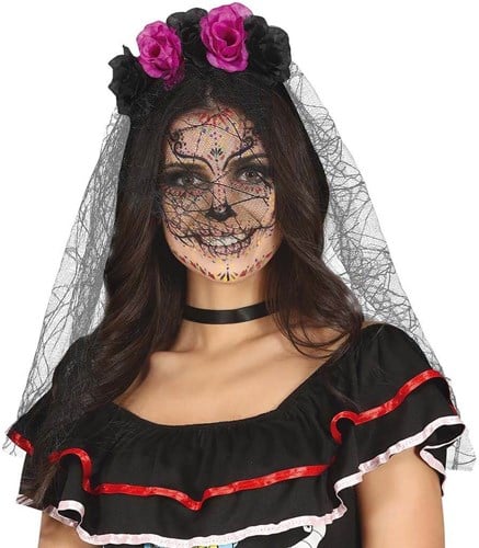 Day of the Dead Tiara Paars/Zwart met Sluier