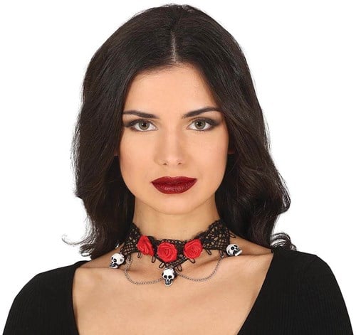 Choker / Halsband Zwart met Rozen en Skulls