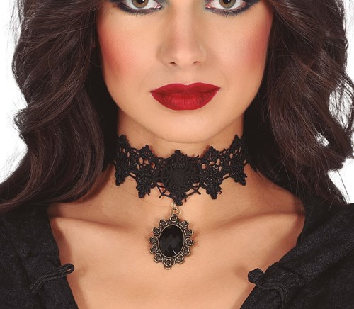 Choker / Halsband Kant Zwart met Robijn