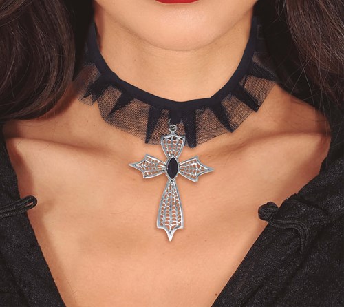 Choker / Halsband Zwarte Tule met Kruis