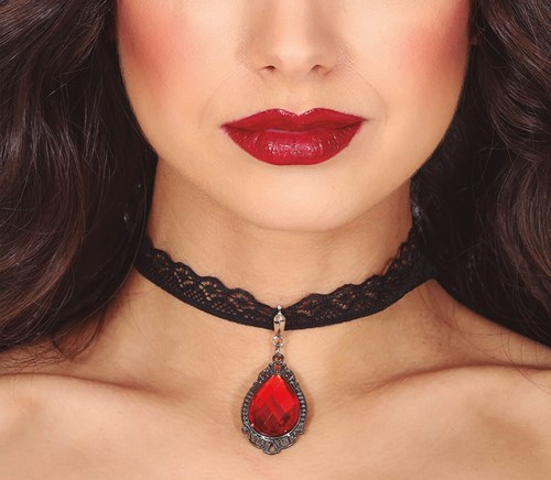 Choker / Halsband Kant Zwart met Rode Robijn