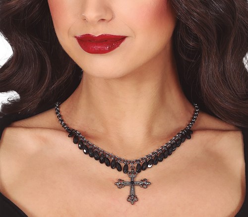 Gothic Ketting Kruis met Zwarte Edelstenen