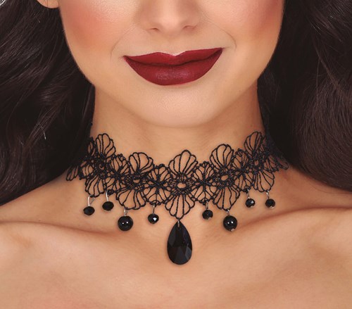 Choker / Halsband Kant Zwart met Zwarte Edelstenen