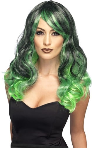Ombre Groen-Zwart Heksenpruik