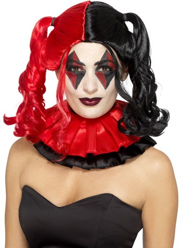 Twisted Harlequin Pruik Rood-Zwart