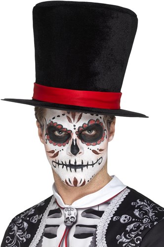 Hoge Hoed Halloween Zwart met Rode Band
