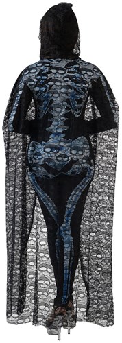 Zwarte Halloween Cape Kant Doodshoofden (achterkant)