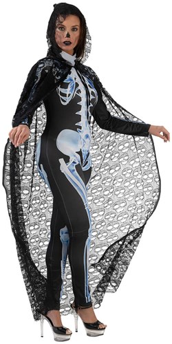 Zwarte Halloween Cape Kant Doodshoofden (zijkant)