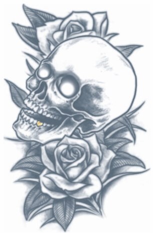 Tatoeage Doodshoofd Schedel op Rozenbedje