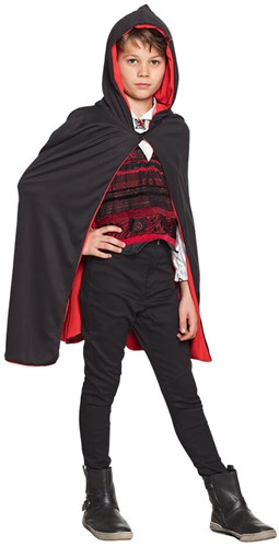 Cape met Capuchon Zwart/Rood Omkeerbaar voor kinderen