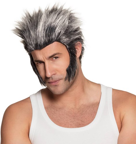 Pruik Weerwolf met Bakkebaarden Zwart/Grijs