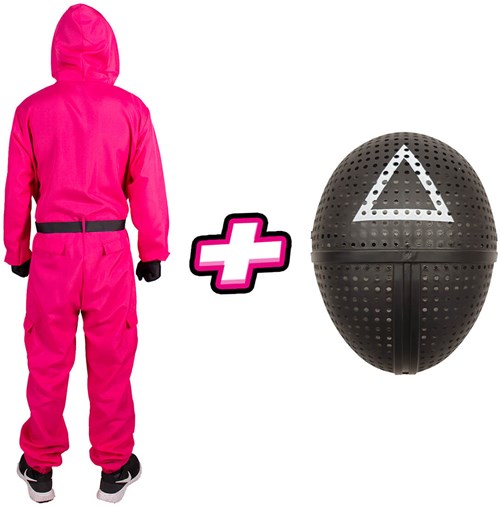 Pakket Squid Game - Dames Kostuum en Masker Driehoek (achterkant)