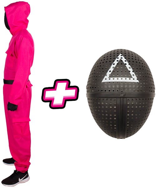 Pakket Squid Game - Dames Kostuum en Masker Driehoek (zijkant)